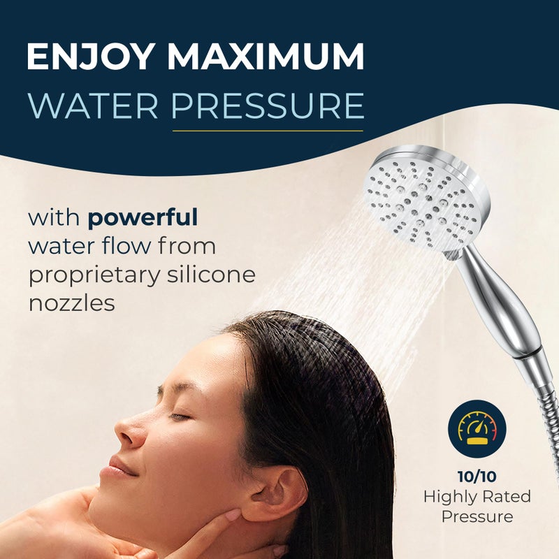 HammerHead ShowersÂ® Solid Metal 3-Spray Handheld Shower Head with Long Hose and Holder - CHROME - 2.5 GPM High Pressure Shower Head with Handheld Sprayer - WIDE, MASSAGE, and MIST Sprays - Image 4
